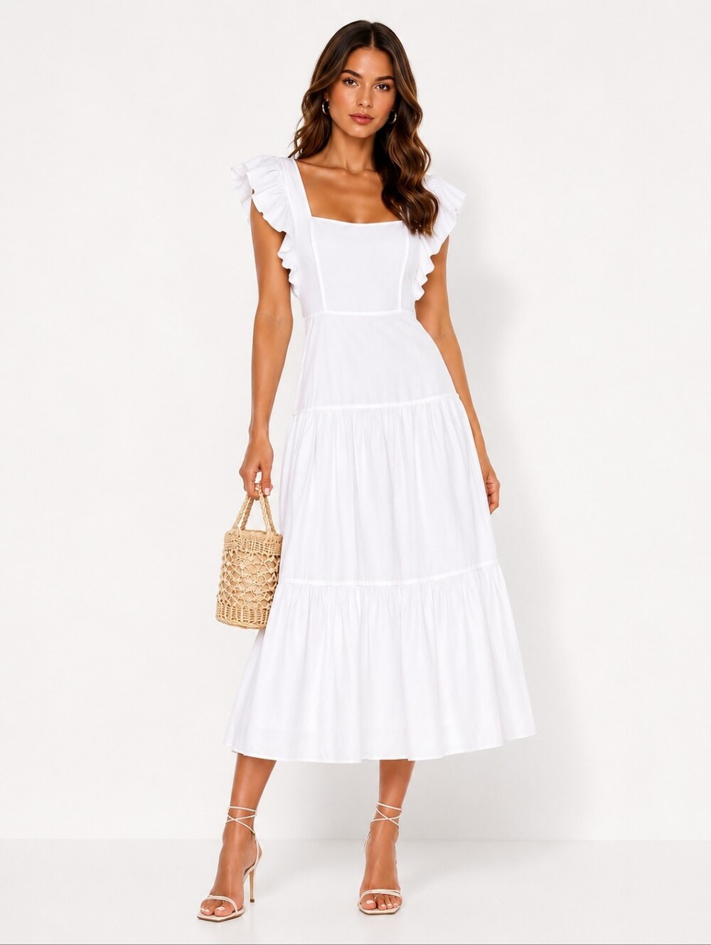 Show Me Your Mumu White Ruffle Sleeves Linen Midi Dress Size L